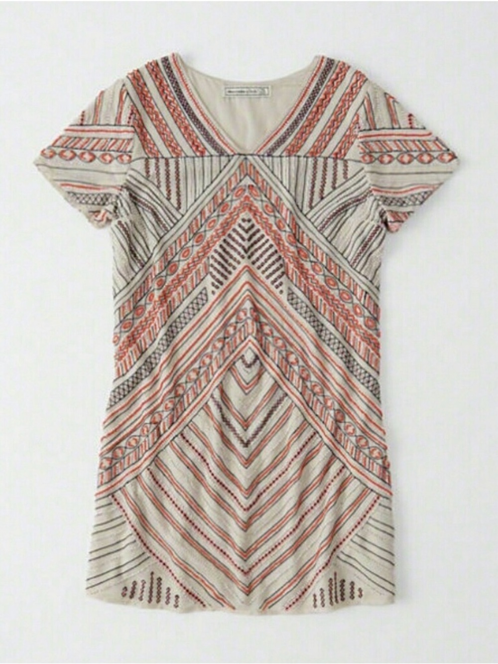 Abercrombie Women L Beaded Short Sleeve Dress Wearable Art Aztec Maximalist Bold